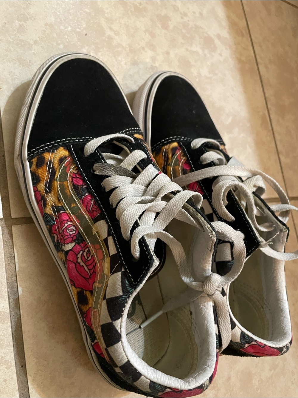 Vans Black Sneakers with Pink Rose & Gold Leopard Panels